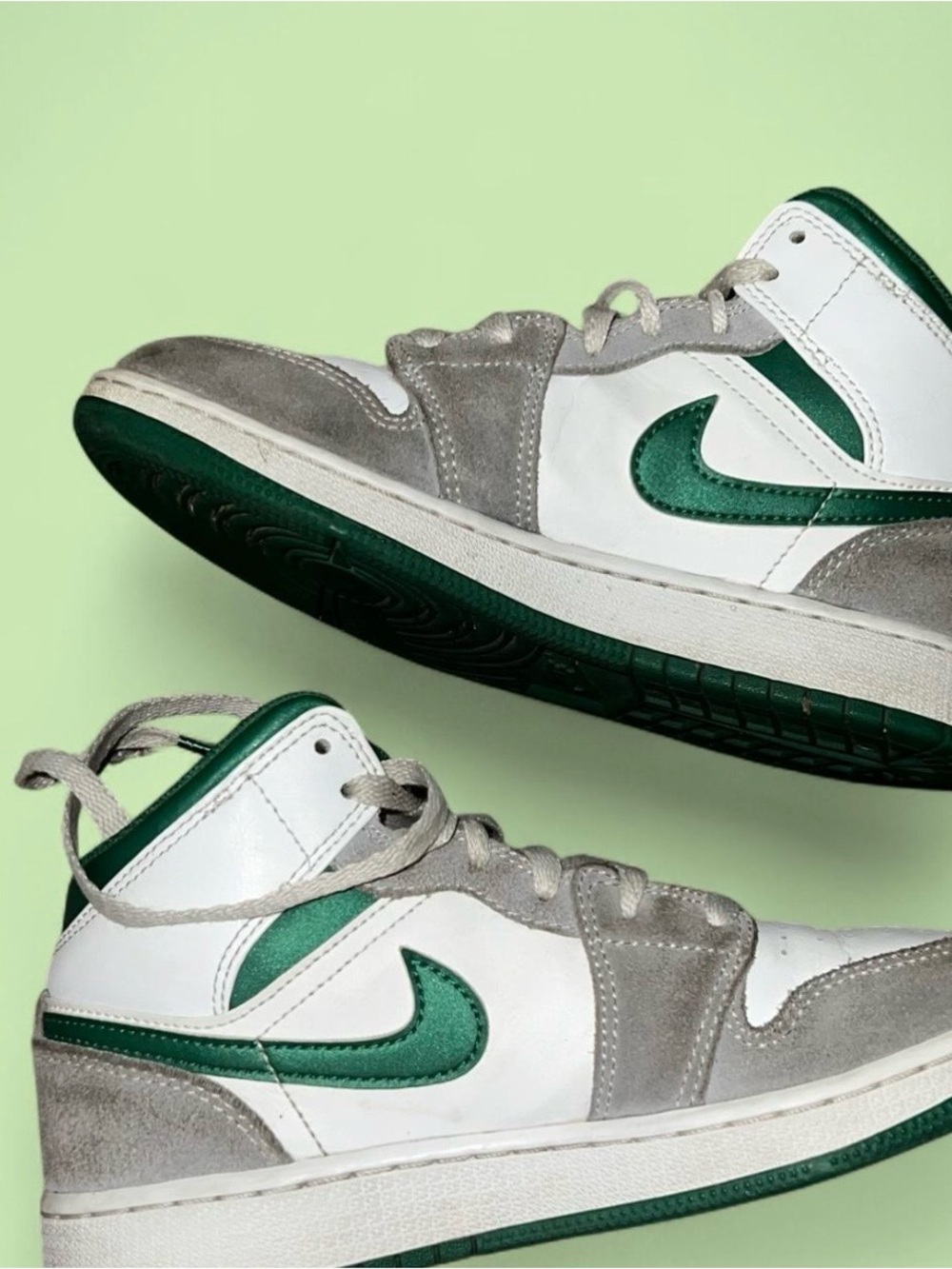 Nike Jordan 1 Mid White, Gray & Green Mid-Top Sneakers